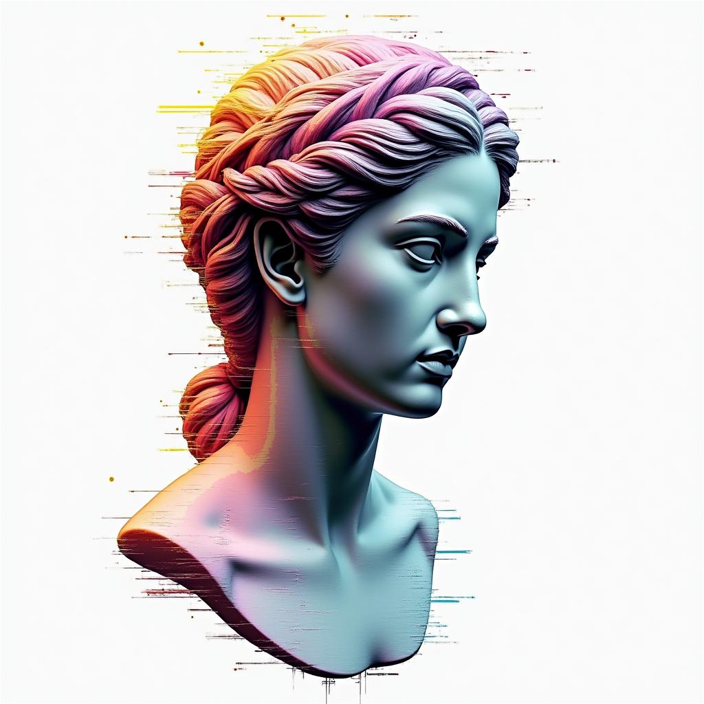 Harleyin distorted and fragmented tattoo design, featuring a classical statue bust, in a glitch art style with vibrant, overlapping colors of cyan, magenta, and yellow, creating a digital distortion effect - Variation 3