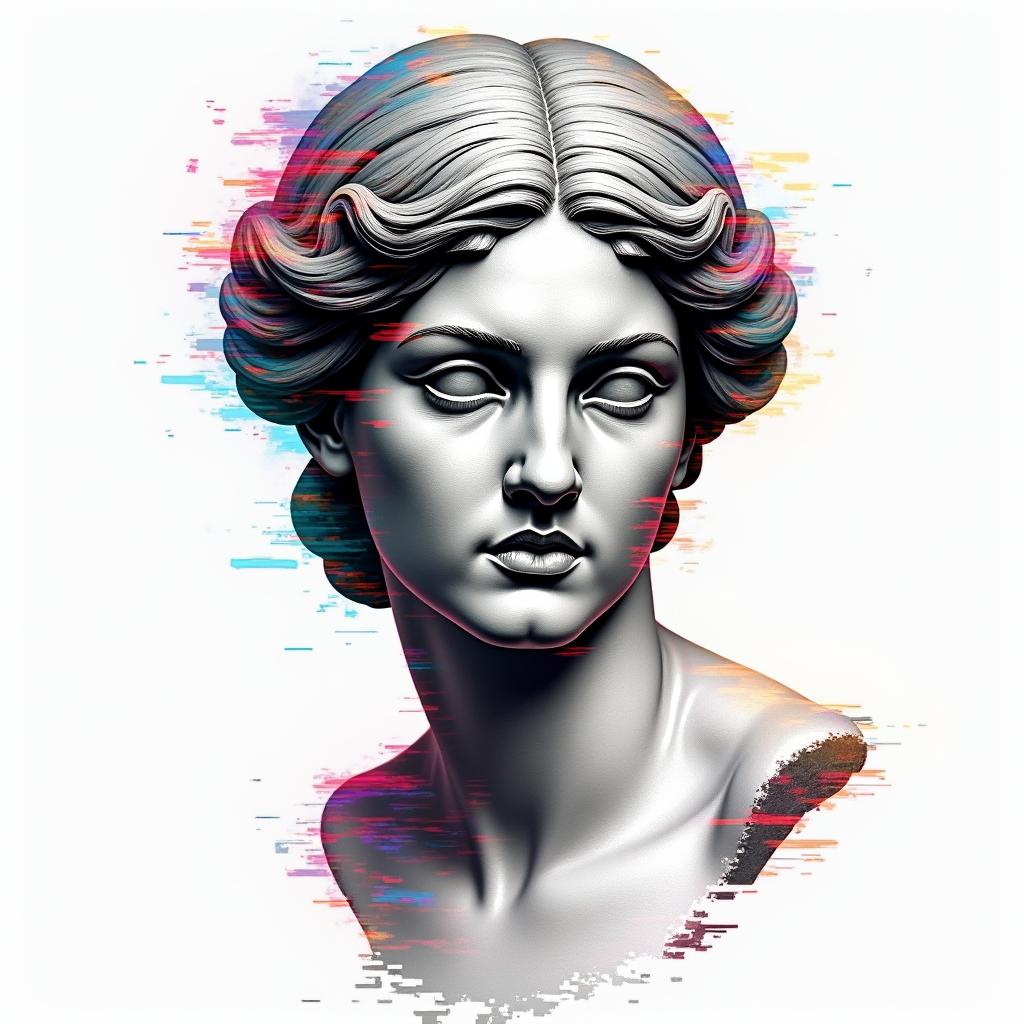 Harleyin distorted and fragmented tattoo design, featuring a classical statue bust, in a glitch art style with vibrant, overlapping colors of cyan, magenta, and yellow, creating a digital distortion effect - Variation 4
