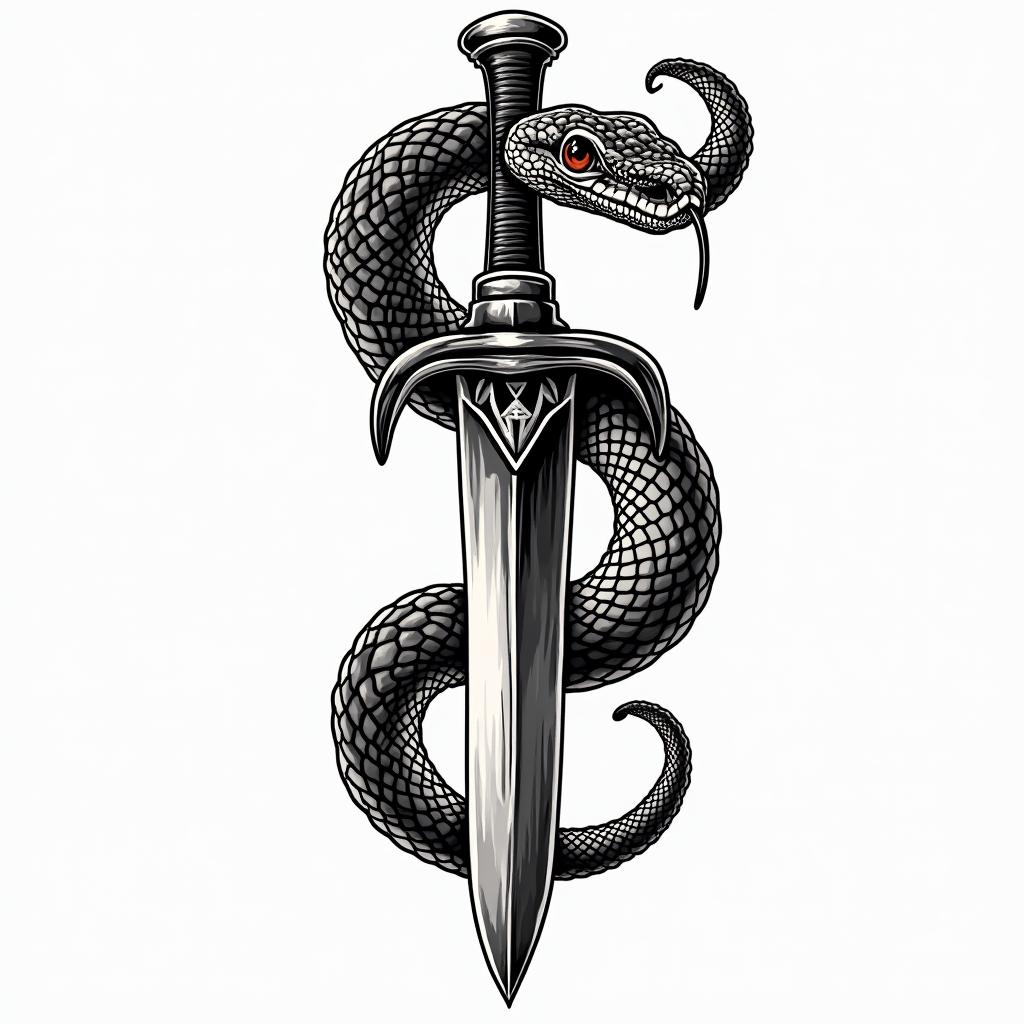 Snake wrapped around a dagger with an evil eye on the daggerin pop art style tattoo, featuring bold and vibrant colors, exaggerated outlines, iconic imagery, inspired by comic books and speech bubbles, comic book characters, retro pop culture - Variation 15