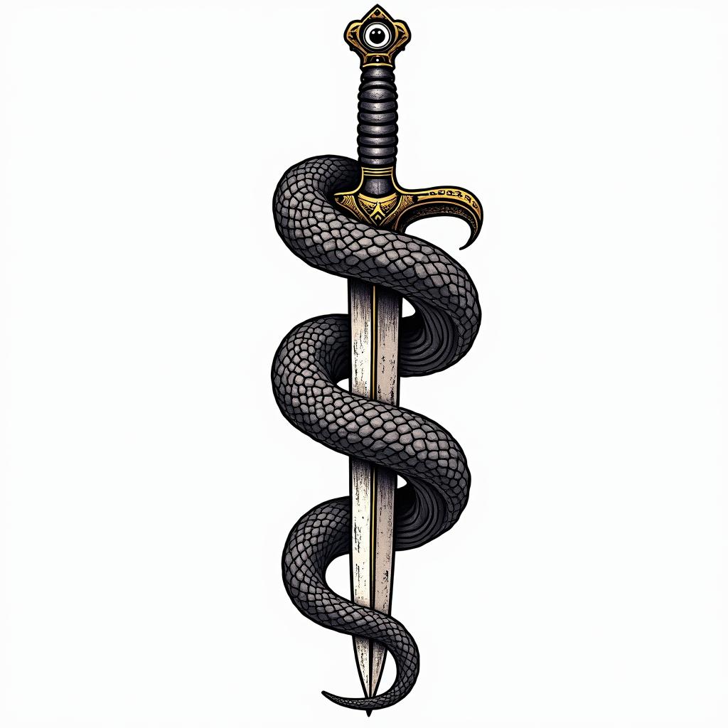 Snake wrapped around a dagger with an evil eye on the daggerin pop art style tattoo, featuring bold and vibrant colors, exaggerated outlines, iconic imagery, inspired by comic books and speech bubbles, comic book characters, retro pop culture - Variation 14