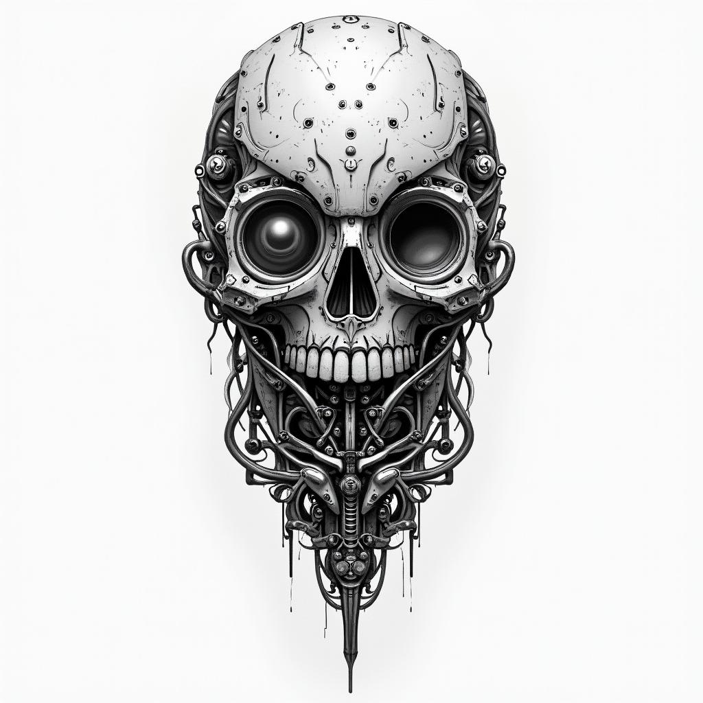 Harleytattoo in biomechanic style, the tattoo covered by robotic elements of futuristic cyberpunk design, robotic features detail, showcasing intricate mechanical components - Variation 3