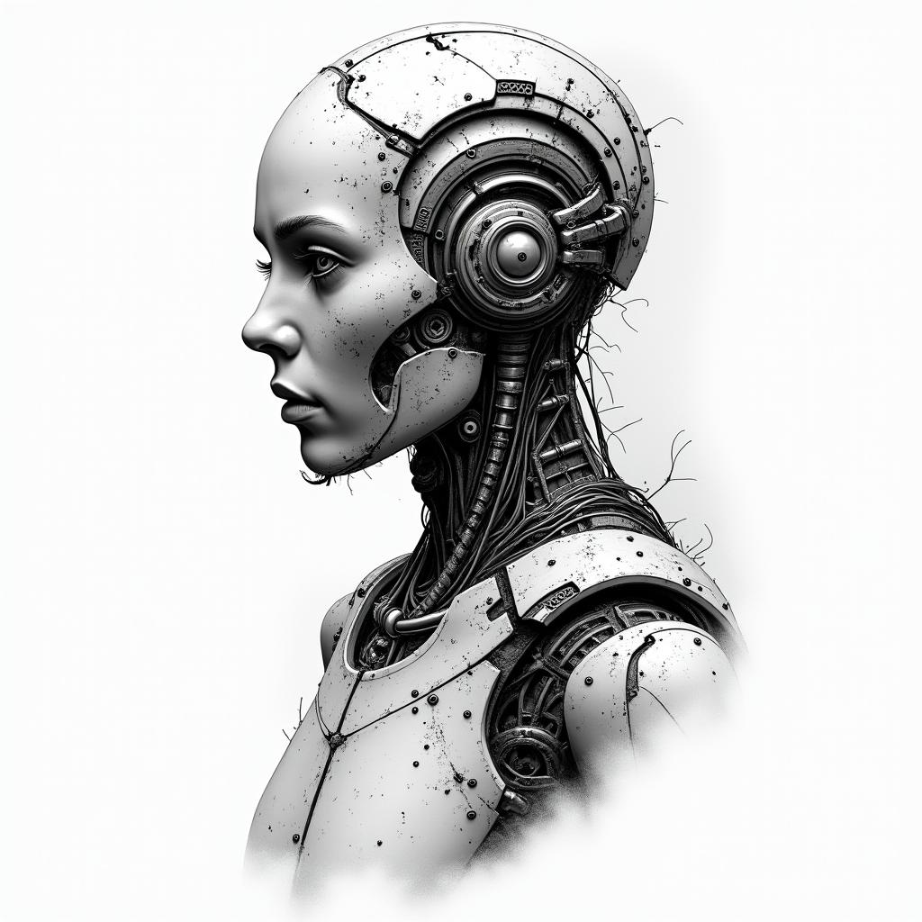 Harleytattoo in biomechanic style, the tattoo covered by robotic elements of futuristic cyberpunk design, robotic features detail, showcasing intricate mechanical components - Variation 2