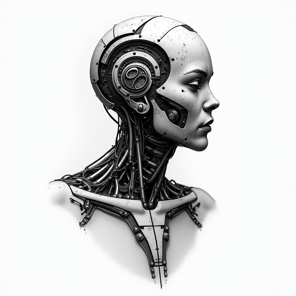 Harleytattoo in biomechanic style, the tattoo covered by robotic elements of futuristic cyberpunk design, robotic features detail, showcasing intricate mechanical components