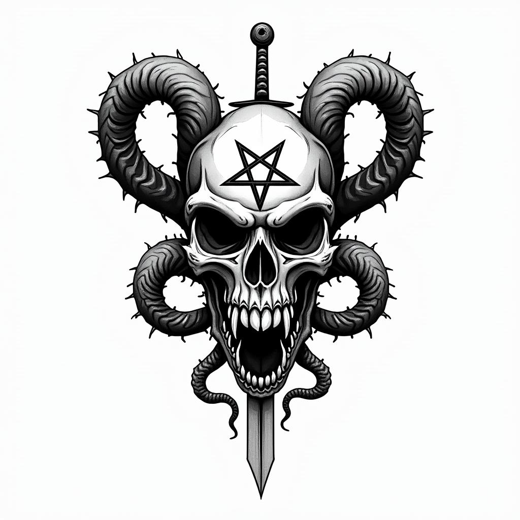 a skull with 2 serpent's and one swordcreepy horror tattoo style, featuring an eerie and unsettling skull of a demonic creature, distorted face with sharp fangs, add pentagram symbol - Variation 7