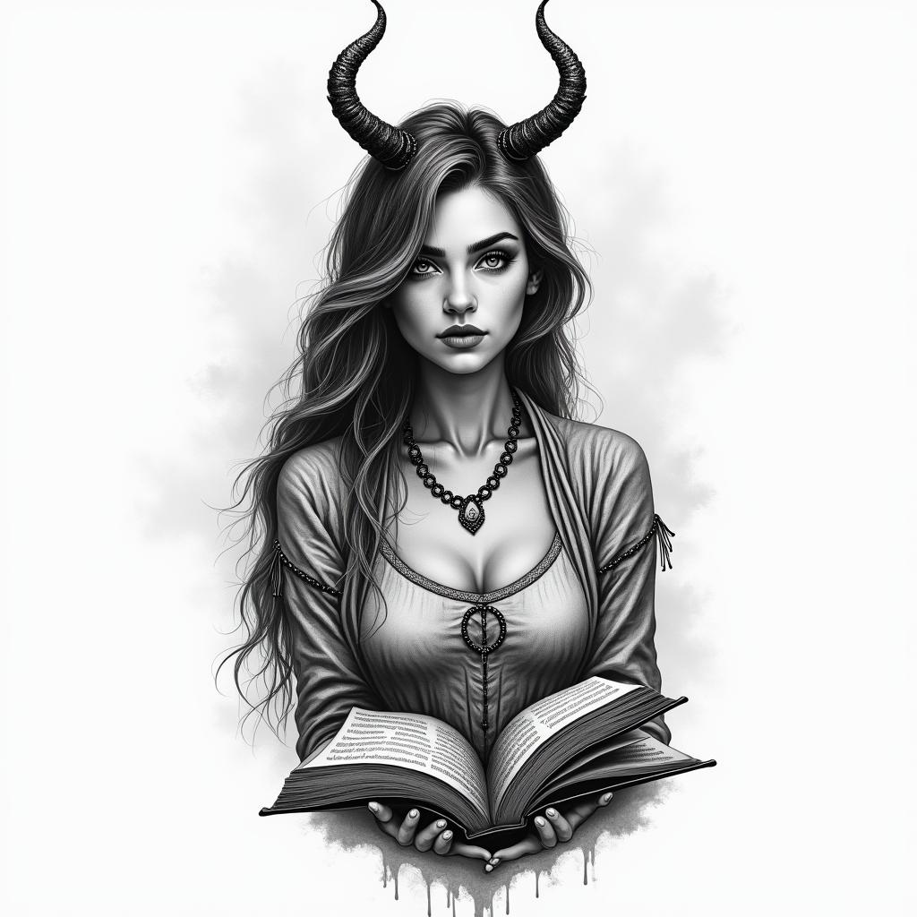 Woman, coffee, books, Sagittariusin portrait tattoo style, featuring a highly realistic and detailed depiction  - Variation 3