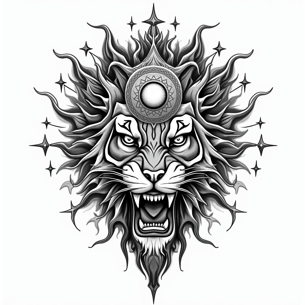 Nezha, Tiger, Pisces, Glacierin prophecy tattoo style, featuring mystical symbols, celestial imagery like stars, moons, suns, geometric patterns, foretelling elements, an eye of wisdom