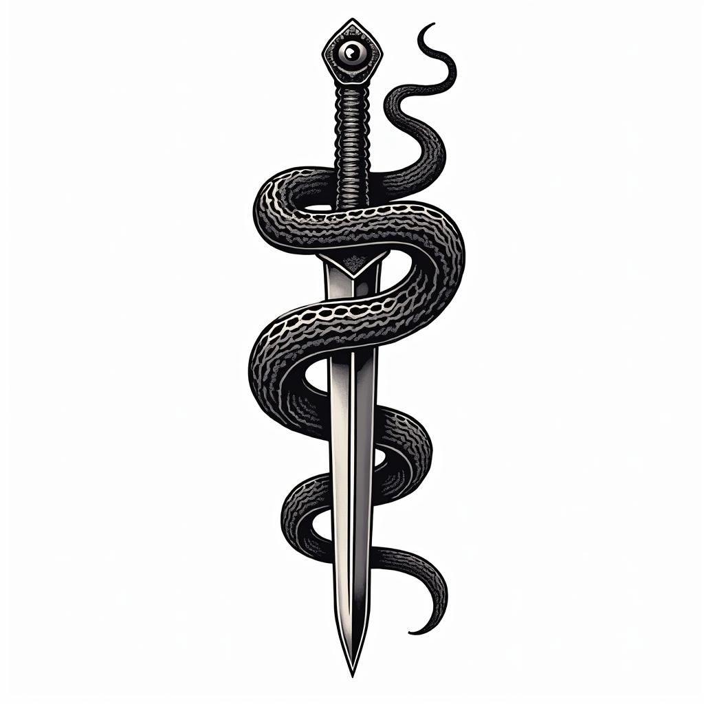 Snake wrapped around a dagger with an evil eye on the daggerin pop art style tattoo, featuring bold and vibrant colors, exaggerated outlines, iconic imagery, inspired by comic books and speech bubbles, comic book characters, retro pop culture - Variation 10