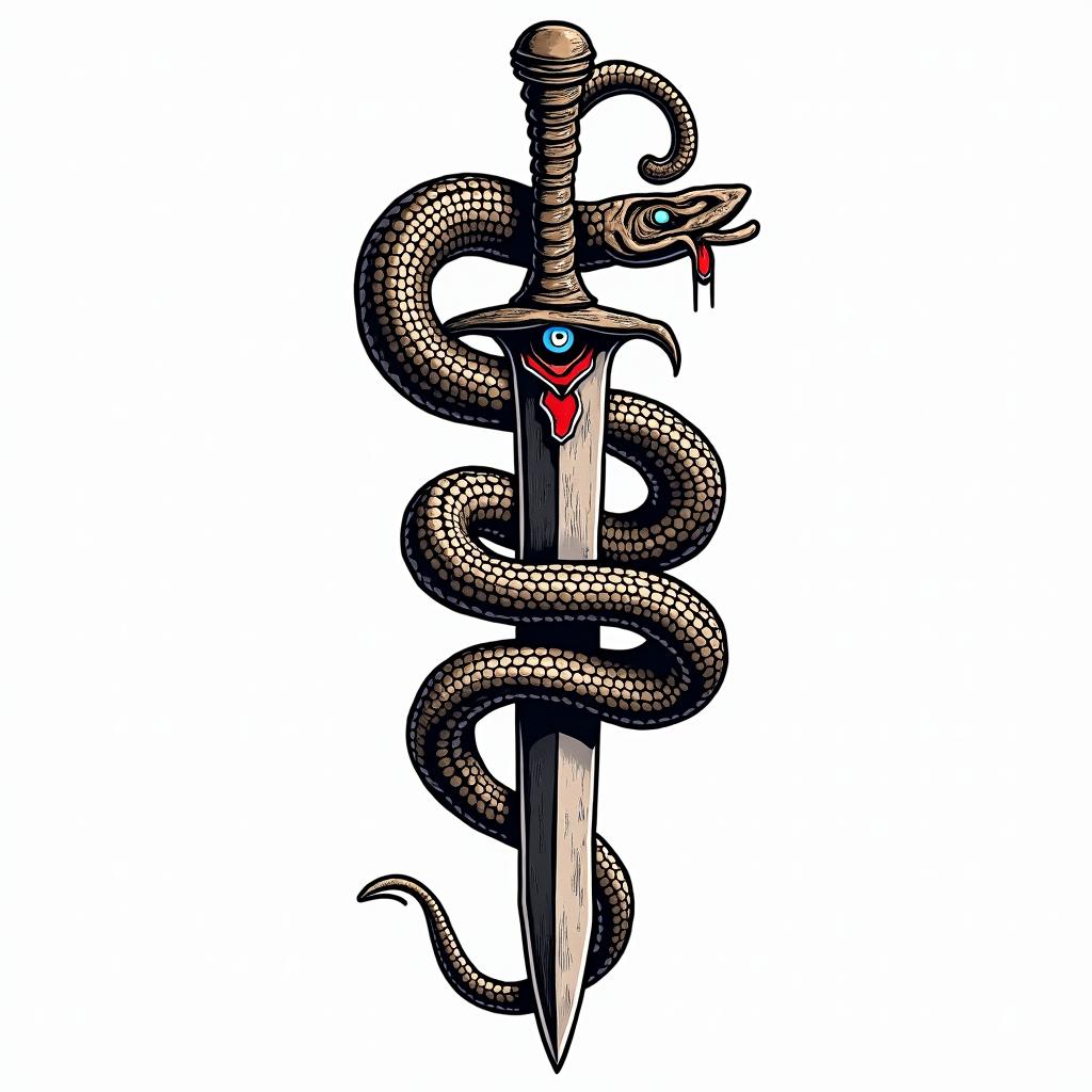 Snake wrapped around a dagger with an evil eye on the daggerin pop art style tattoo, featuring bold and vibrant colors, exaggerated outlines, iconic imagery, inspired by comic books and speech bubbles, comic book characters, retro pop culture - Variation 11