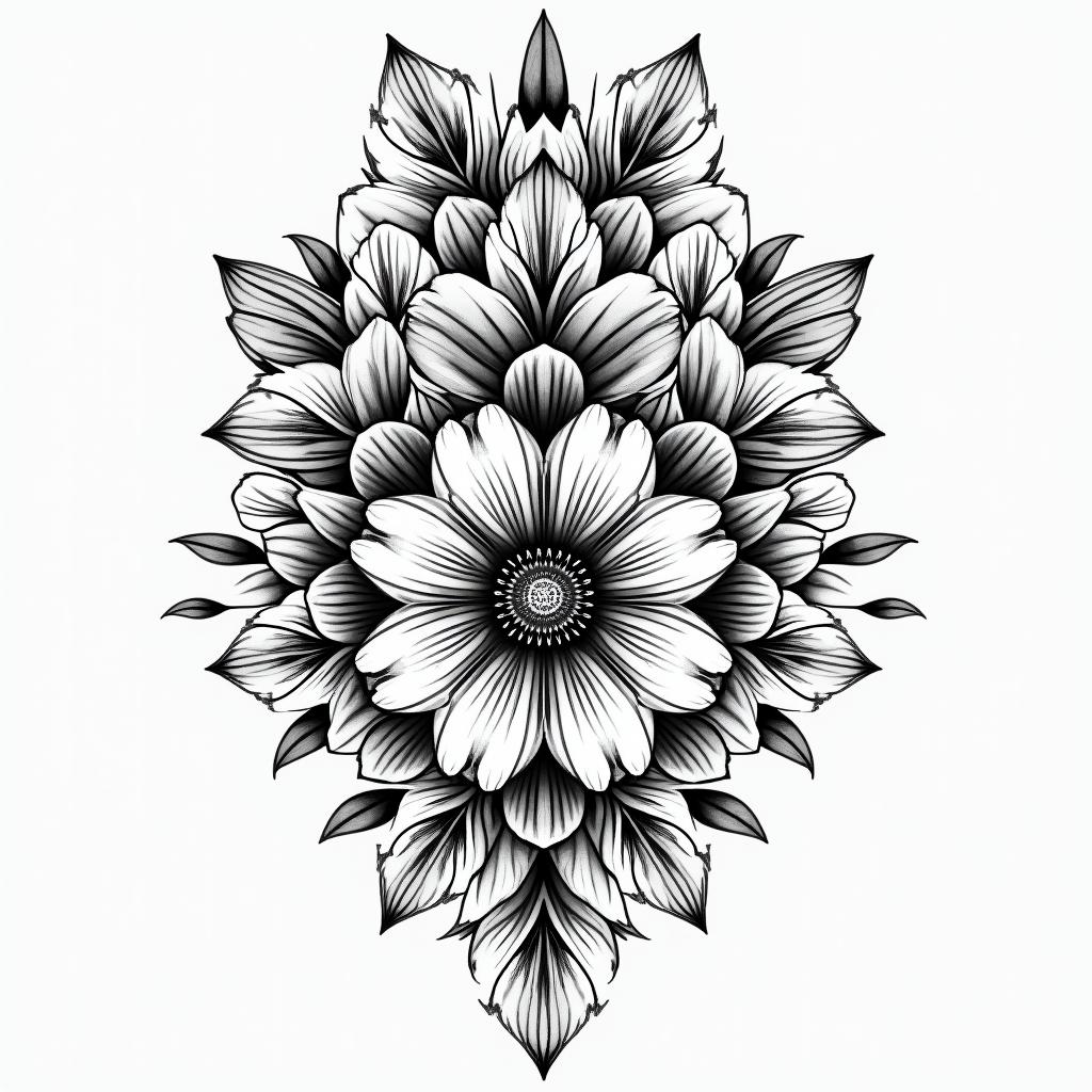 Yzah, flowers, under boobsin ornamental tattoo style, featuring intricate symmetrical patterns and floral designs, showcasing highly detailed line work and geometric shapes, creating a sense of elegance and balance