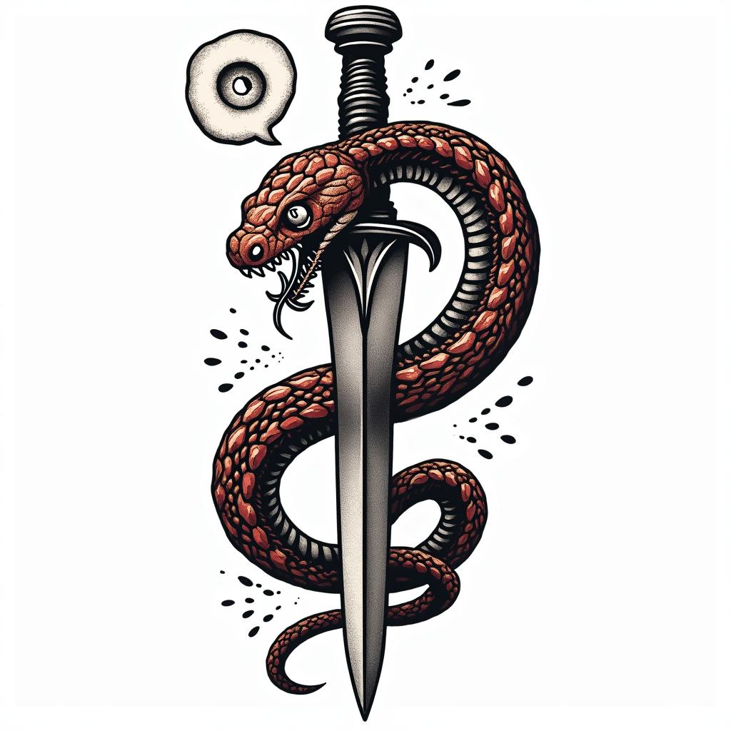 Snake wrapped around a dagger with an evil eye on the daggerin pop art style tattoo, featuring bold and vibrant colors, exaggerated outlines, iconic imagery, inspired by comic books and speech bubbles, comic book characters, retro pop culture - Variation 9