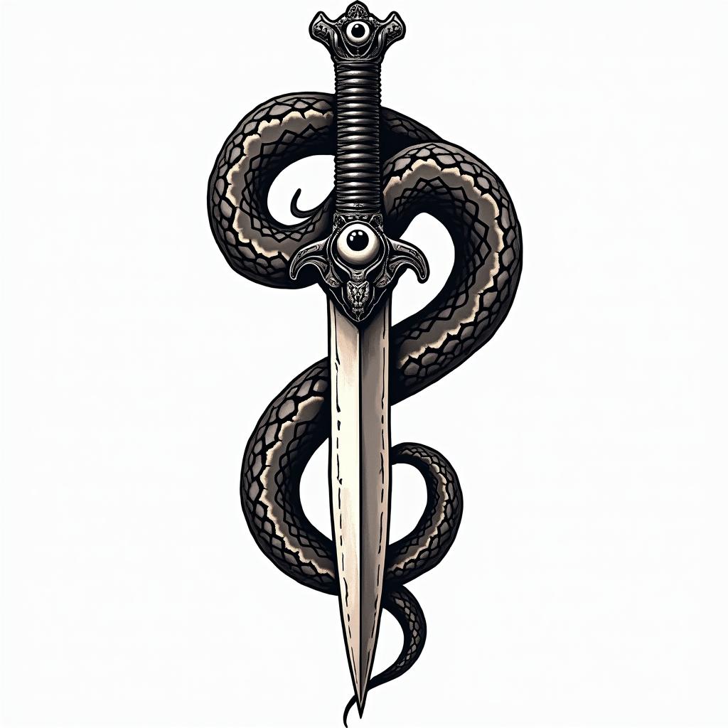 Snake wrapped around a dagger with an evil eye on the daggerin pop art style tattoo, featuring bold and vibrant colors, exaggerated outlines, iconic imagery, inspired by comic books and speech bubbles, comic book characters, retro pop culture - Variation 8