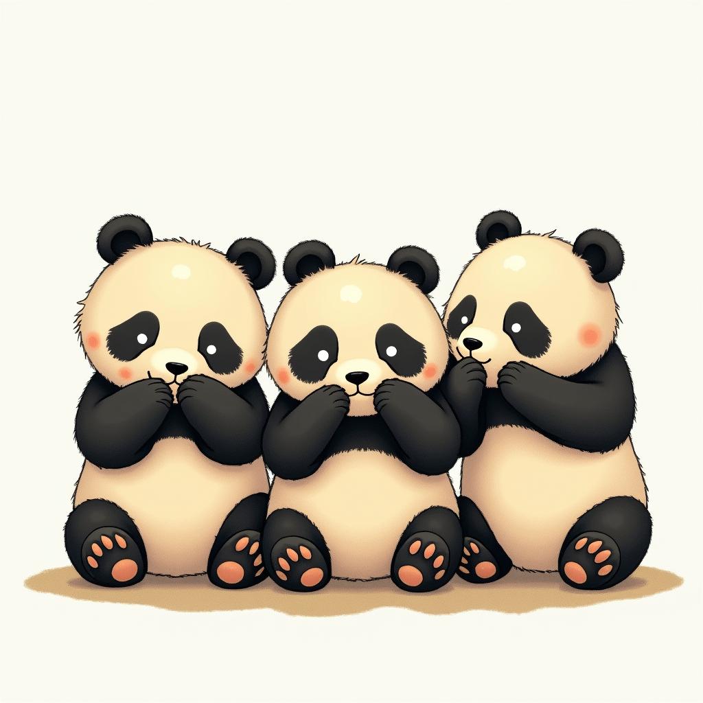 Simple tattoo of three pandas next to each other, the panda at the left is covering its ears with its paws, the panda in the middle is covering its own eyes with its paws and the panda at the end right is covering its mouth with its pawsGhibli, Studio Ghibli aesthetic, hand-drawn anime style, retro nostalgic atmosphere, retro soft pastel color palette with earthy tones, retro Japanese cinematic shot, yellow tint effect, bald character, smooth surface, anime shadow 90's anime style - Variation 2