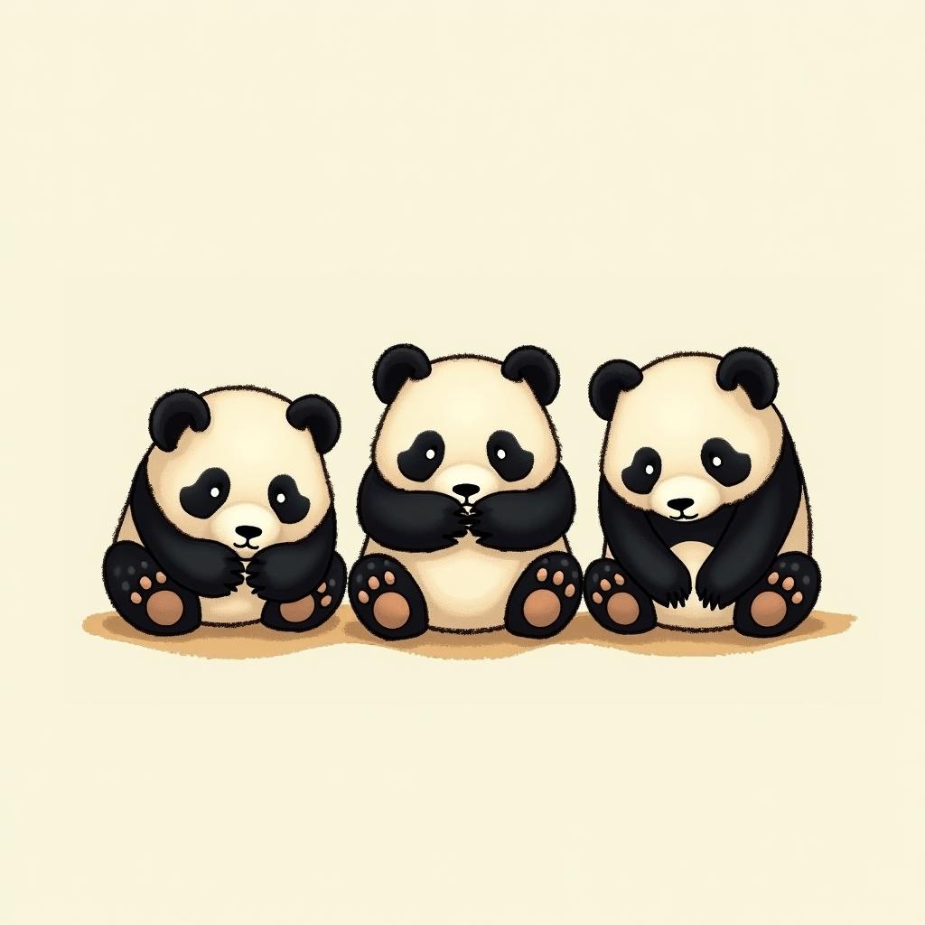 Simple tattoo of three pandas next to each other, the panda at the left is covering its ears with its paws, the panda in the middle is covering its own eyes with its paws and the panda at the end right is covering its mouth with its pawsGhibli, Studio Ghibli aesthetic, hand-drawn anime style, retro nostalgic atmosphere, retro soft pastel color palette with earthy tones, retro Japanese cinematic shot, yellow tint effect, bald character, smooth surface, anime shadow 90's anime style - Variation 4