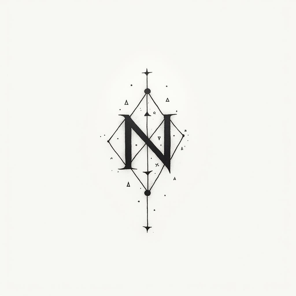 Simple letters “NMRK”in minimalist style tattoo, featuring simple shapes and fine lines, with minimal shading and details, tiny triangles, creating a sense of balance and harmony - Variation 2