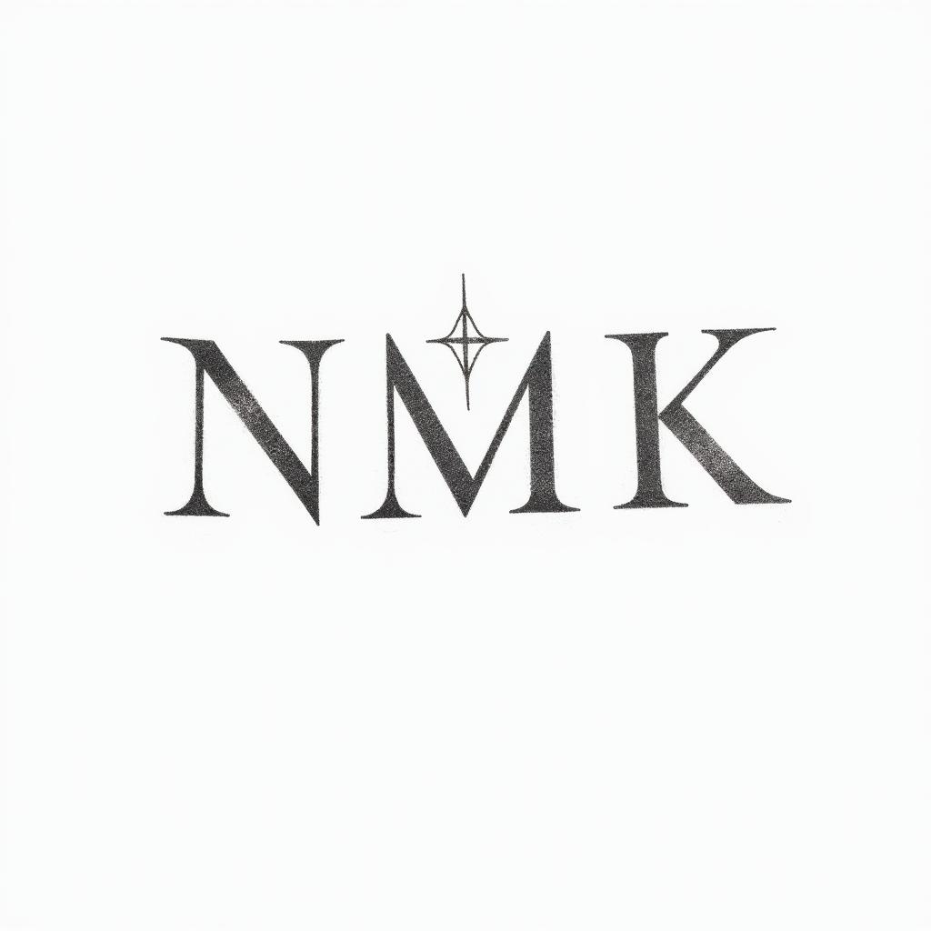 Simple letters “NMRK”in minimalist style tattoo, featuring simple shapes and fine lines, with minimal shading and details, tiny triangles, creating a sense of balance and harmony - Variation 3