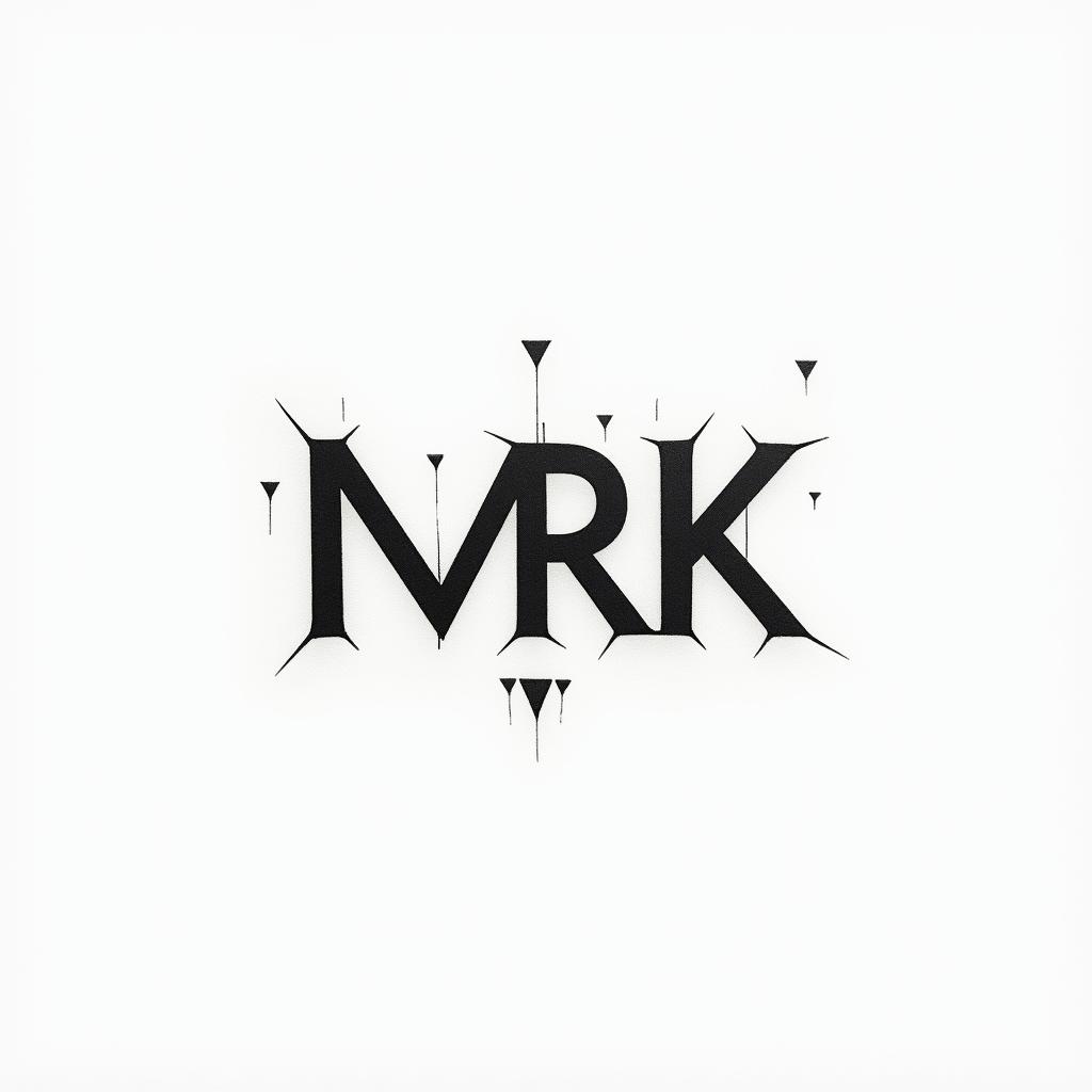 Simple letters “NMRK”in minimalist style tattoo, featuring simple shapes and fine lines, with minimal shading and details, tiny triangles, creating a sense of balance and harmony