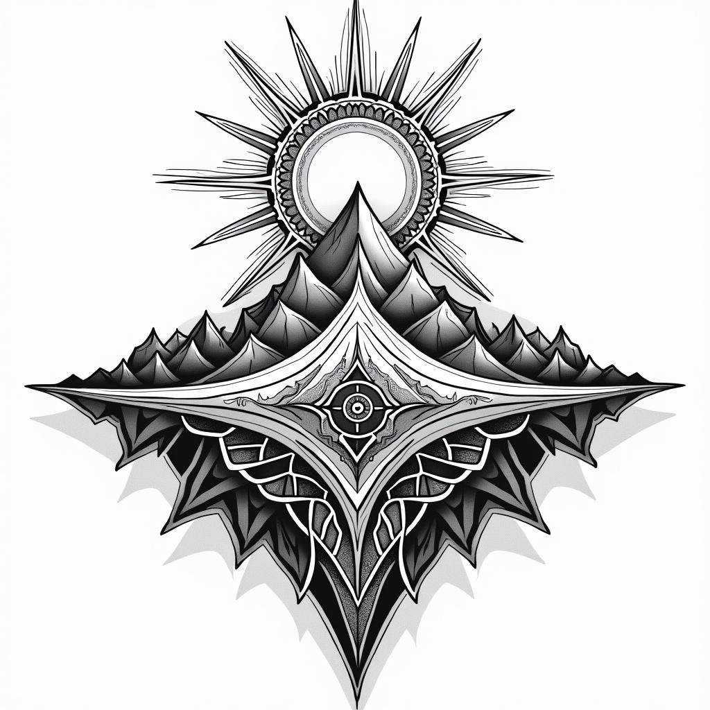 Mountain range with a rising sun, compass, god, timein dotwork style tattoo, complex mandala patterns, interlocking geometric shapes with sharp symmetry, clean lines, sharp angles - Variation 4