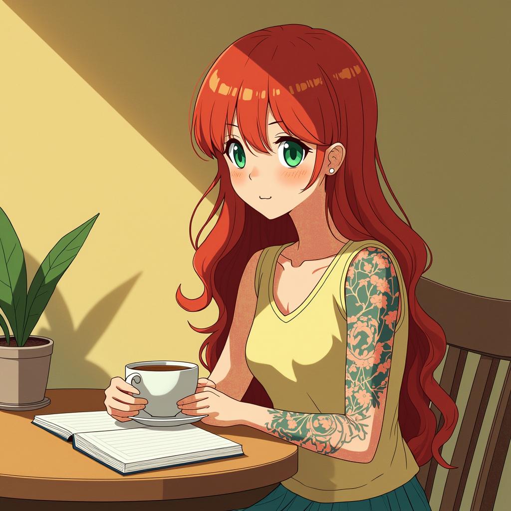 Woman, coffee, books, Sagittarius, redhead, green eyesGhibli, Studio Ghibli aesthetic, hand-drawn anime style, retro nostalgic atmosphere, retro soft pastel color palette with earthy tones, retro Japanese cinematic shot, yellow tint effect, bald character, smooth surface, anime shadow 90's anime style