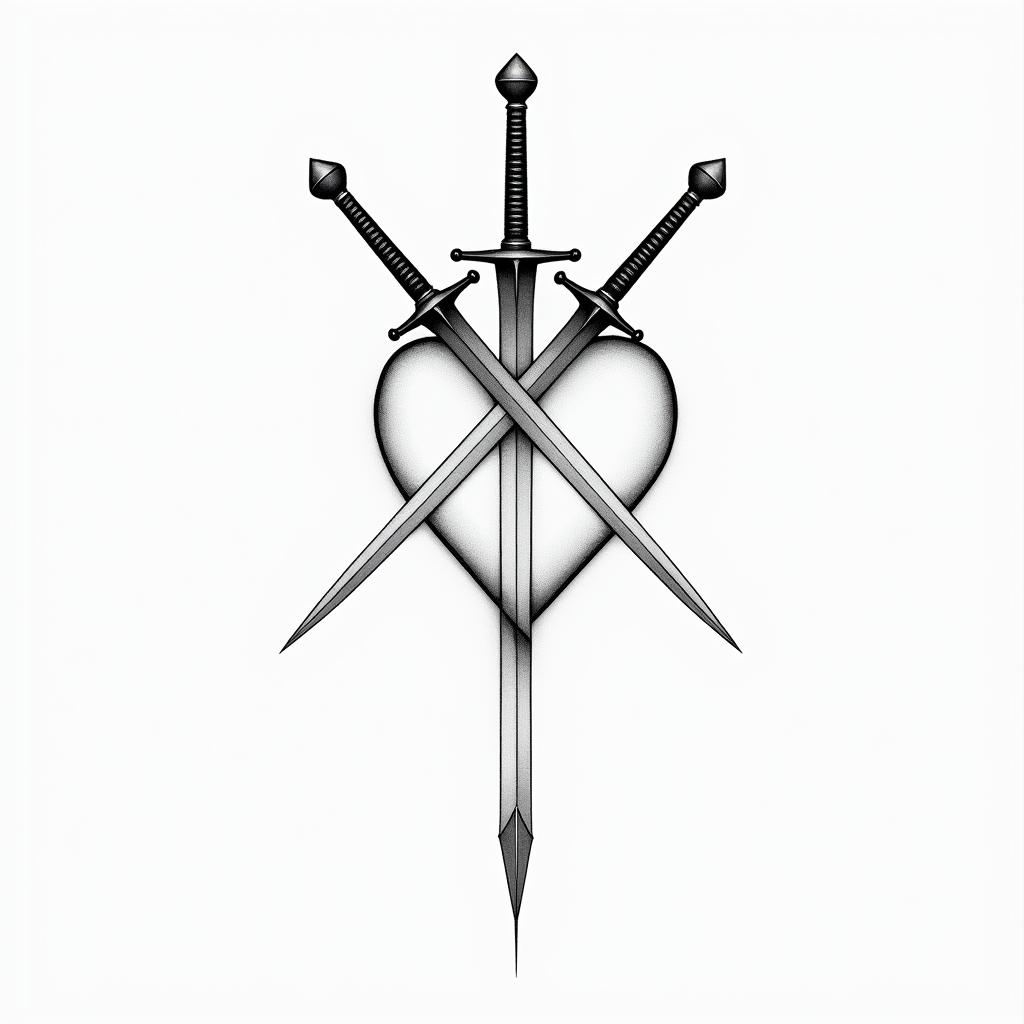 2 swords impaled a heartin minimalist style tattoo, featuring simple shapes and fine lines, with minimal shading and details, tiny triangles, creating a sense of balance and harmony - Variation 3