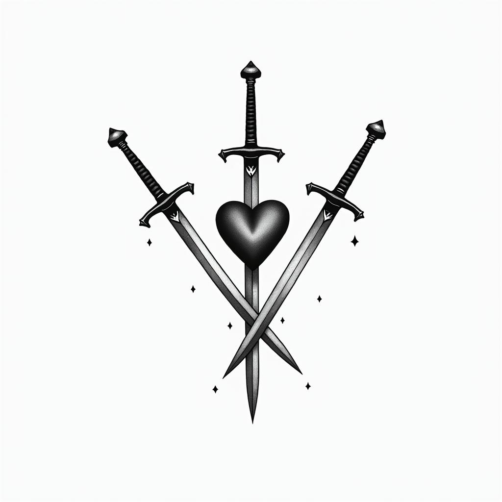 2 swords impaled a heartin minimalist style tattoo, featuring simple shapes and fine lines, with minimal shading and details, tiny triangles, creating a sense of balance and harmony - Variation 8