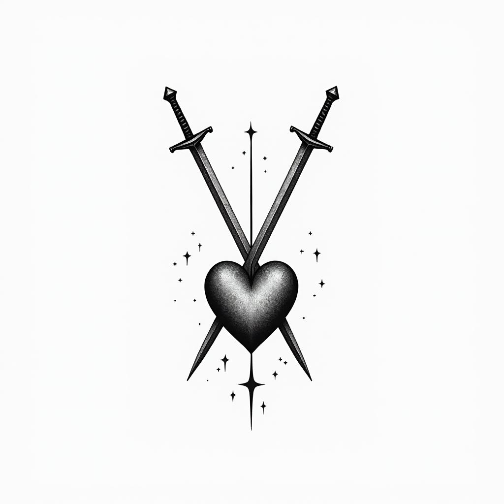 2 swords impaled a heartin minimalist style tattoo, featuring simple shapes and fine lines, with minimal shading and details, tiny triangles, creating a sense of balance and harmony - Variation 5