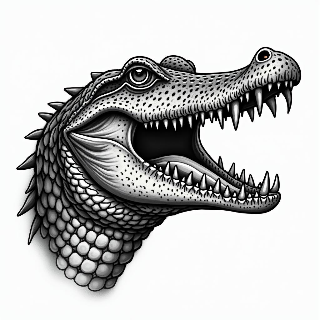 Alligator headin authentic tattoo style, incorporating traditional modifications, bold black outlines, solid color fills, featuring classic authentic elements - Variation 4