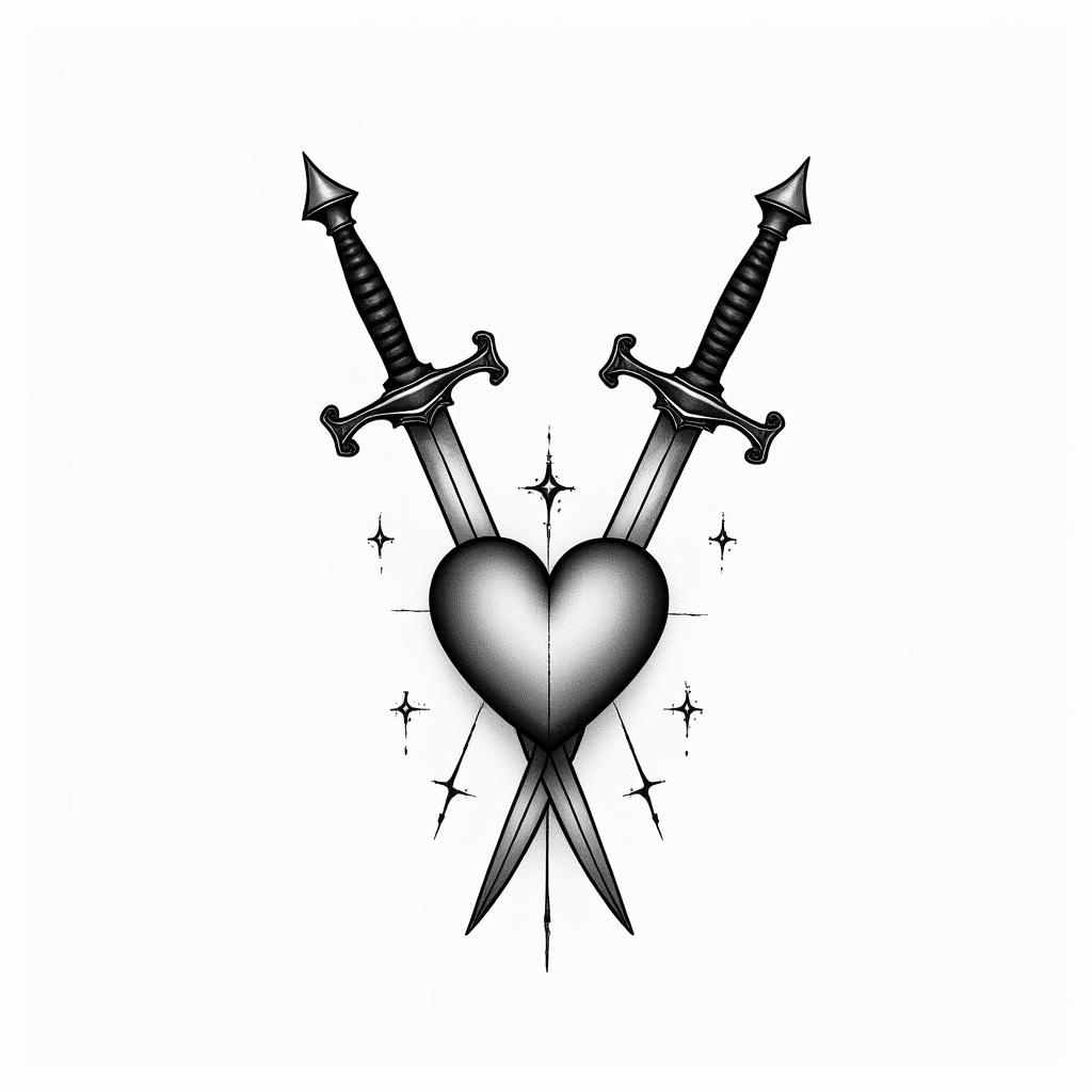 2 swords impaled a heartin minimalist style tattoo, featuring simple shapes and fine lines, with minimal shading and details, tiny triangles, creating a sense of balance and harmony - Variation 7