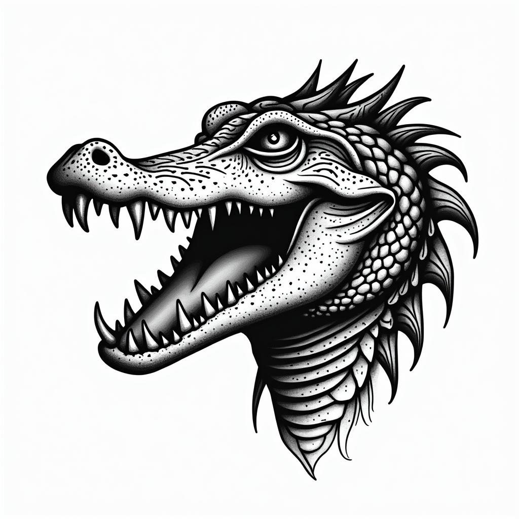 Alligator headin authentic tattoo style, incorporating traditional modifications, bold black outlines, solid color fills, featuring classic authentic elements