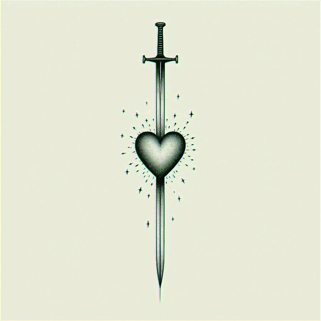 2 swords impaled a heartin minimalist style tattoo, featuring simple shapes and fine lines, with minimal shading and details, tiny triangles, creating a sense of balance and harmony