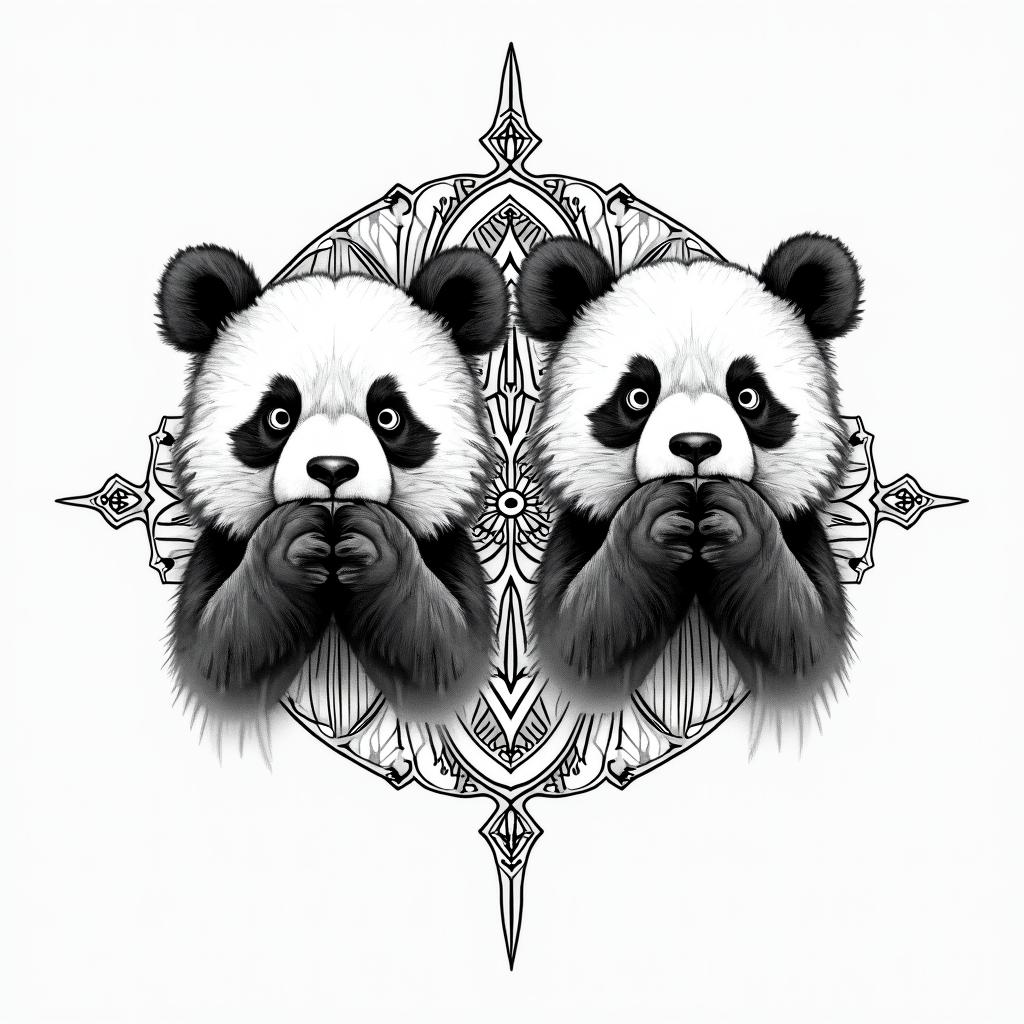 Simple tattoo of three pandas next to each other, the panda at the left is covering its ears with its paws, the panda in the middle is covering its own eyes with its paws and the panda at the end right is covering its mouth with its pawsin dotwork style tattoo, complex mandala patterns, interlocking geometric shapes with sharp symmetry, clean lines, sharp angles