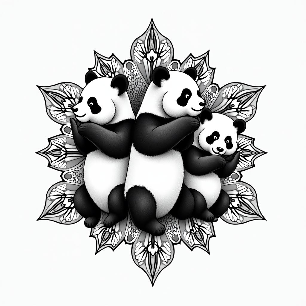 Simple tattoo of three pandas next to each other, the panda at the left is covering its ears with its paws, the panda in the middle is covering its own eyes with its paws and the panda at the end right is covering its mouth with its pawsin dotwork style tattoo, complex mandala patterns, interlocking geometric shapes with sharp symmetry, clean lines, sharp angles - Variation 3