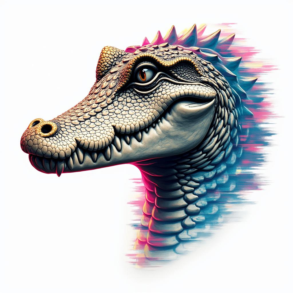 Alligator headin distorted and fragmented tattoo design, featuring a classical statue bust, in a glitch art style with vibrant, overlapping colors of cyan, magenta, and yellow, creating a digital distortion effect