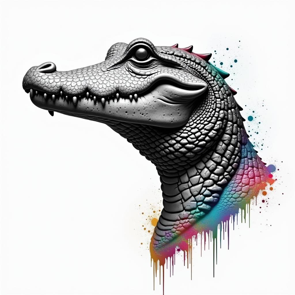 Alligator headin distorted and fragmented tattoo design, featuring a classical statue bust, in a glitch art style with vibrant, overlapping colors of cyan, magenta, and yellow, creating a digital distortion effect - Variation 4