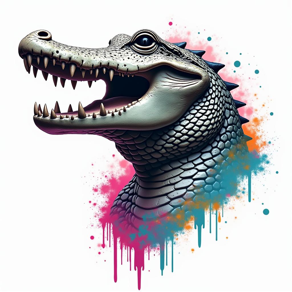 Alligator headin distorted and fragmented tattoo design, featuring a classical statue bust, in a glitch art style with vibrant, overlapping colors of cyan, magenta, and yellow, creating a digital distortion effect - Variation 2