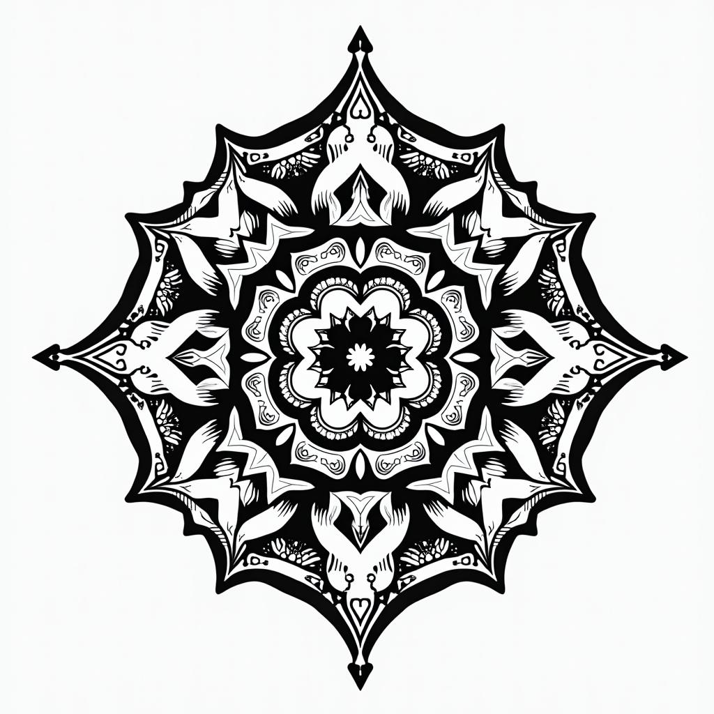 Meaning full tattooin dotwork style tattoo, complex mandala patterns, interlocking geometric shapes with sharp symmetry, clean lines, sharp angles