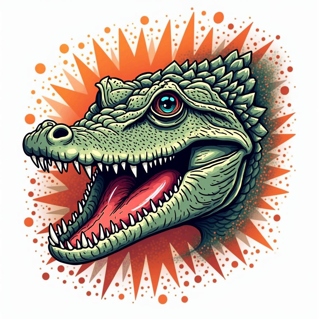 Alligatorin pop art style tattoo, featuring bold and vibrant colors, exaggerated outlines, iconic imagery, inspired by comic books and speech bubbles, comic book characters, retro pop culture - Variation 2