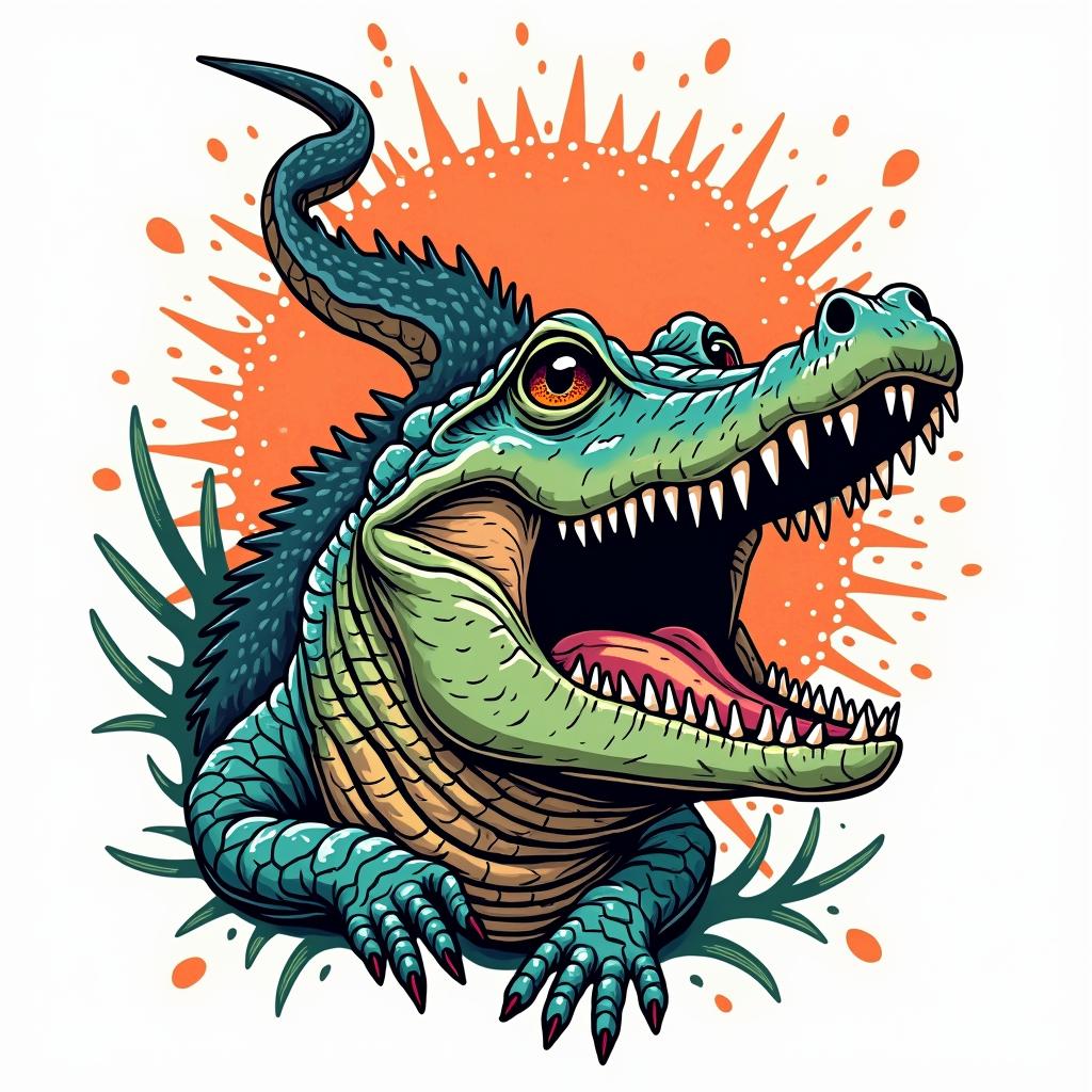 Alligatorin pop art style tattoo, featuring bold and vibrant colors, exaggerated outlines, iconic imagery, inspired by comic books and speech bubbles, comic book characters, retro pop culture