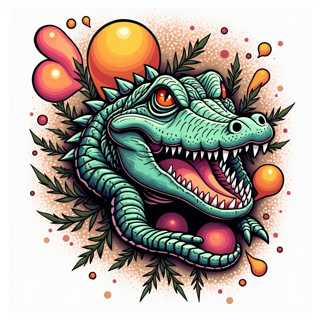 Alligatorin pop art style tattoo, featuring bold and vibrant colors, exaggerated outlines, iconic imagery, inspired by comic books and speech bubbles, comic book characters, retro pop culture - Variation 3