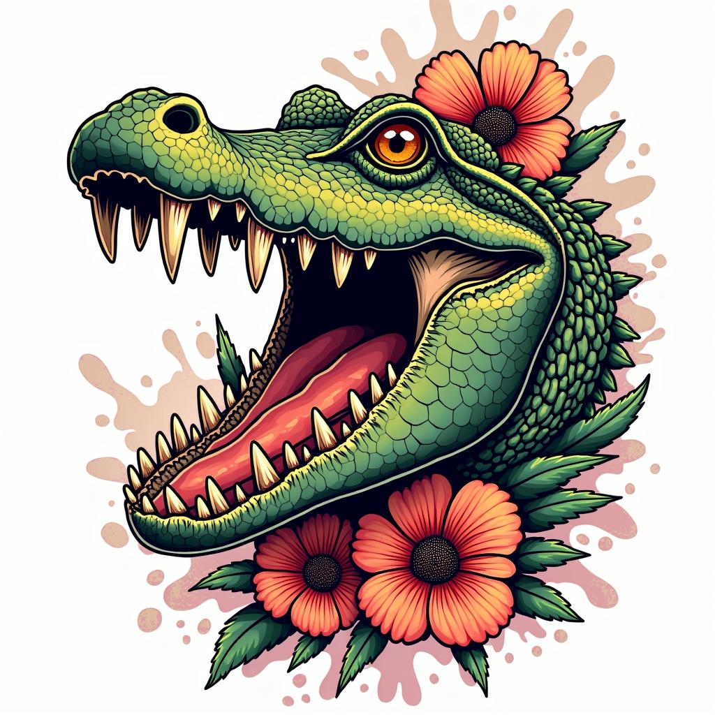 Alligatorin pop art style tattoo, featuring bold and vibrant colors, exaggerated outlines, iconic imagery, inspired by comic books and speech bubbles, comic book characters, retro pop culture - Variation 4