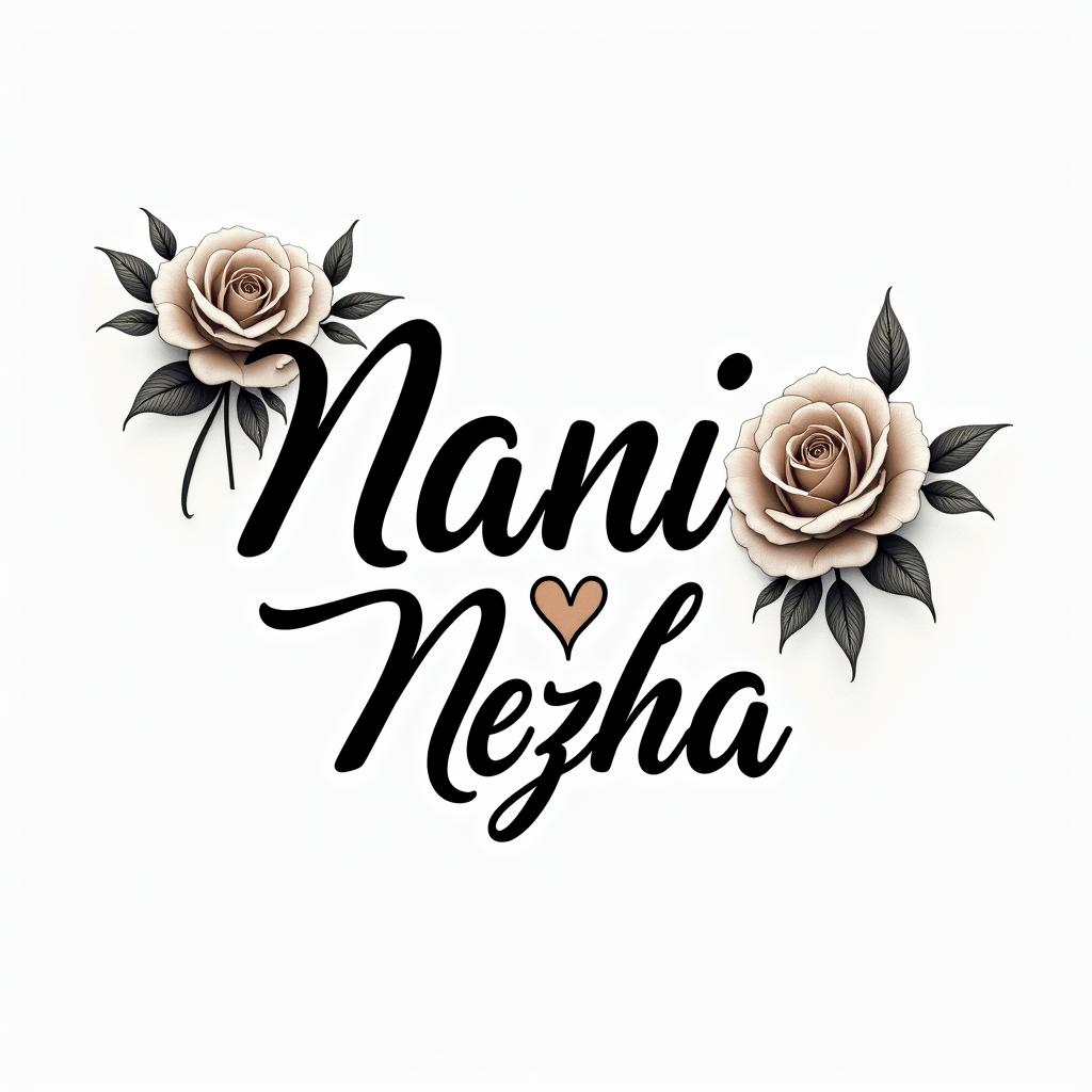 Nani and Nezhain elegant cursive calligraphy style 2d tattoo, decorate with roses, featuring a smooth and flowing handwritten script with slightly thickened strokes for a luxurious and bold appearance,  heart symbol between names,  sleek and glossy black text with shadowing, minimalist matte white background, clean and sharp edges, illuminated with soft lighting, romantic, 8k, high-quality textures with refined typography