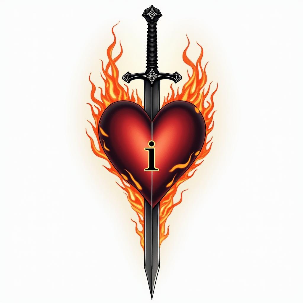 3 sword impaled a heart with a little letter i inside herin flame tattoo style showcasing fiery elements with dynamic flame patterns, glowing effect of flames, natural colors - Variation 2