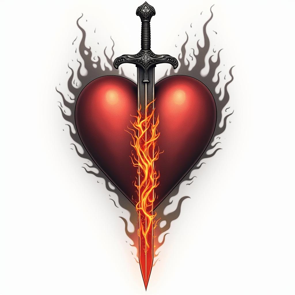 3 sword impaled a heart with a little letter i inside herin flame tattoo style showcasing fiery elements with dynamic flame patterns, glowing effect of flames, natural colors - Variation 4