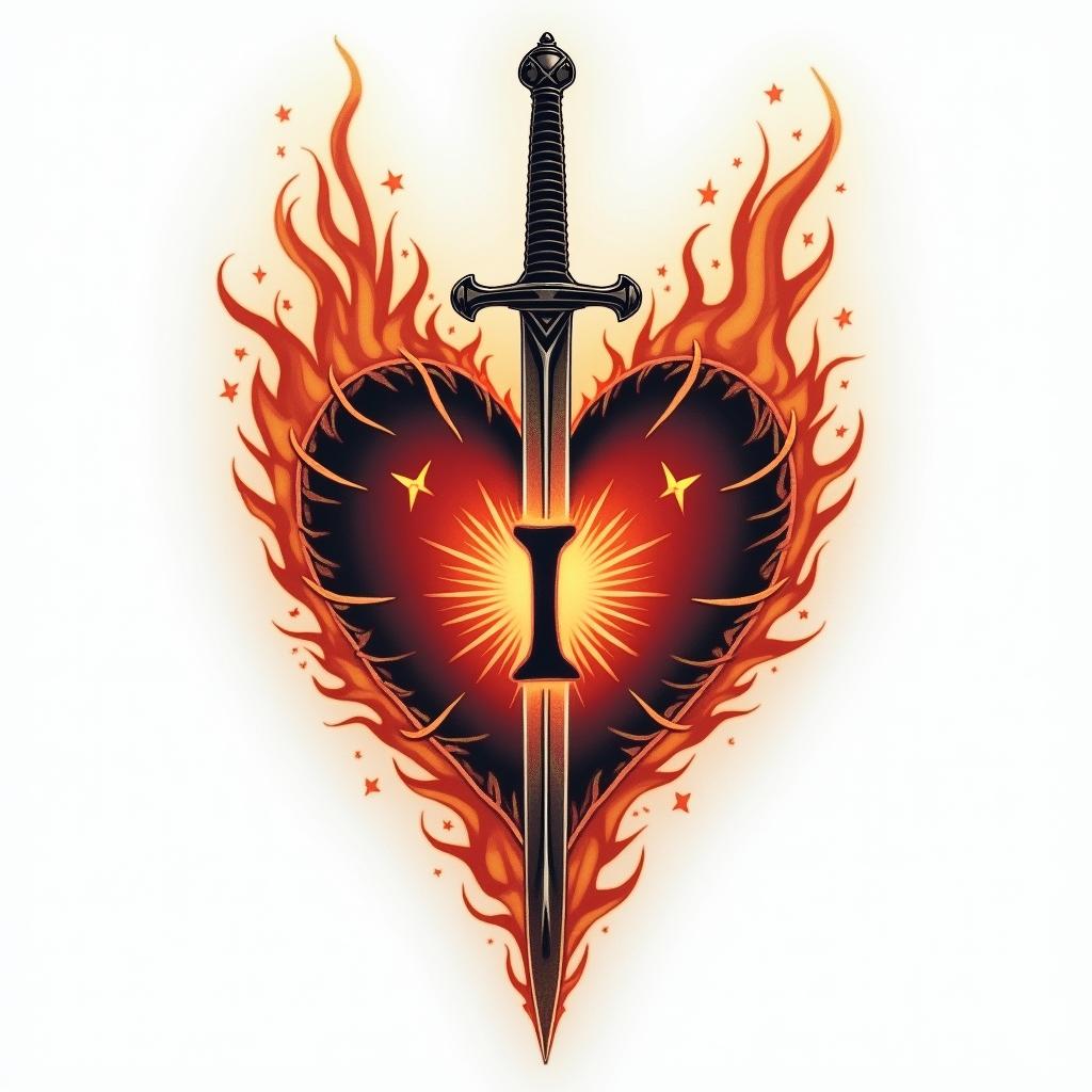 3 sword impaled a heart with a little letter i inside herin flame tattoo style showcasing fiery elements with dynamic flame patterns, glowing effect of flames, natural colors