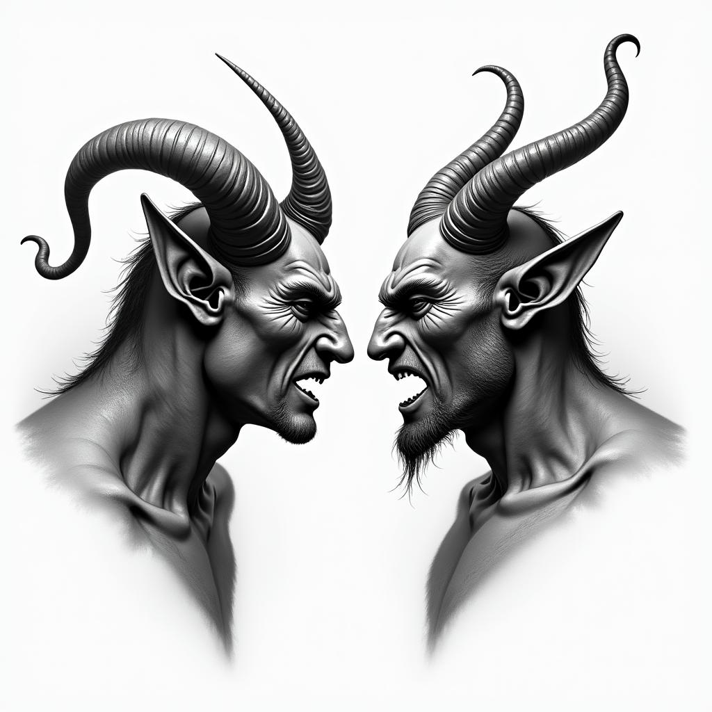 Posidon and the devil facing each other offin realism tattoo style, featuring a highly detailed, lifelike, capturing every detail, photorealistic, ultra realistic, intricate shading, smooth and sharp, - Variation 3