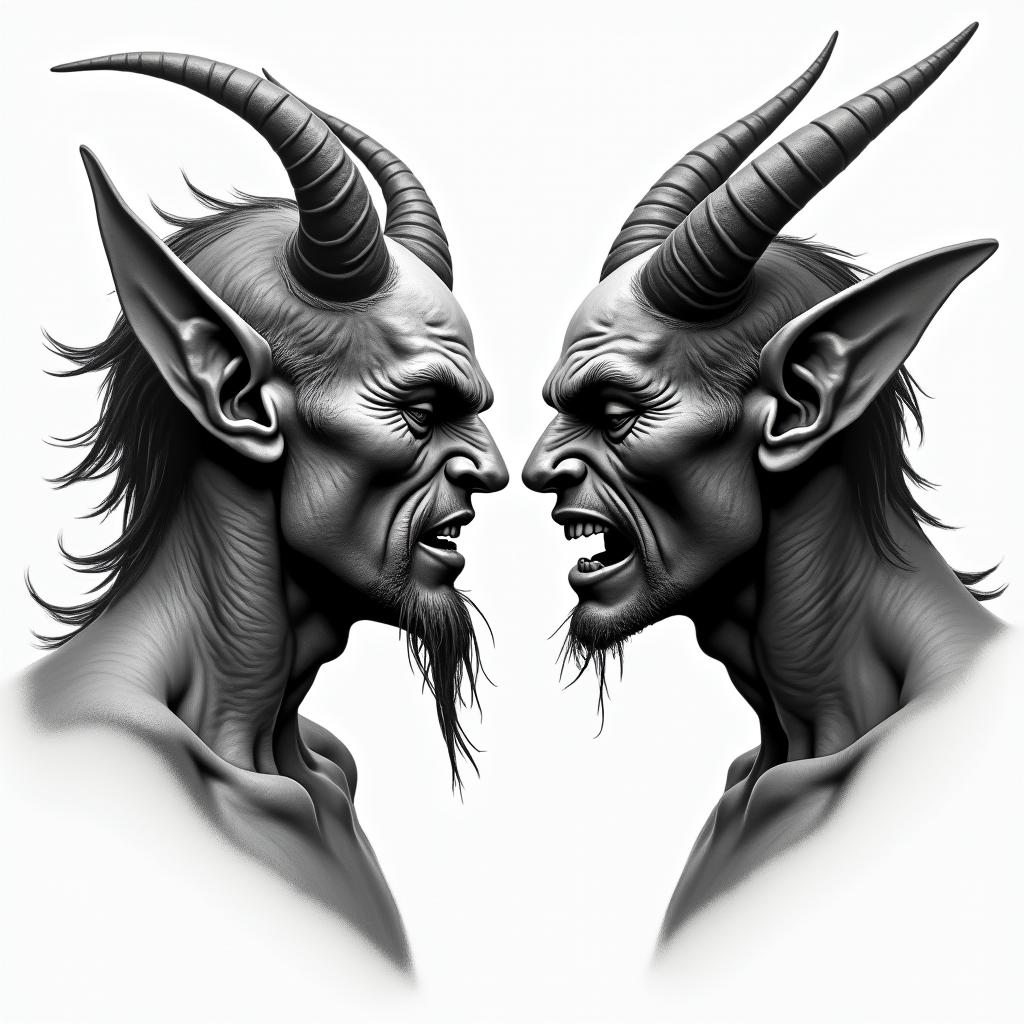 Posidon and the devil facing each other offin realism tattoo style, featuring a highly detailed, lifelike, capturing every detail, photorealistic, ultra realistic, intricate shading, smooth and sharp, - Variation 2
