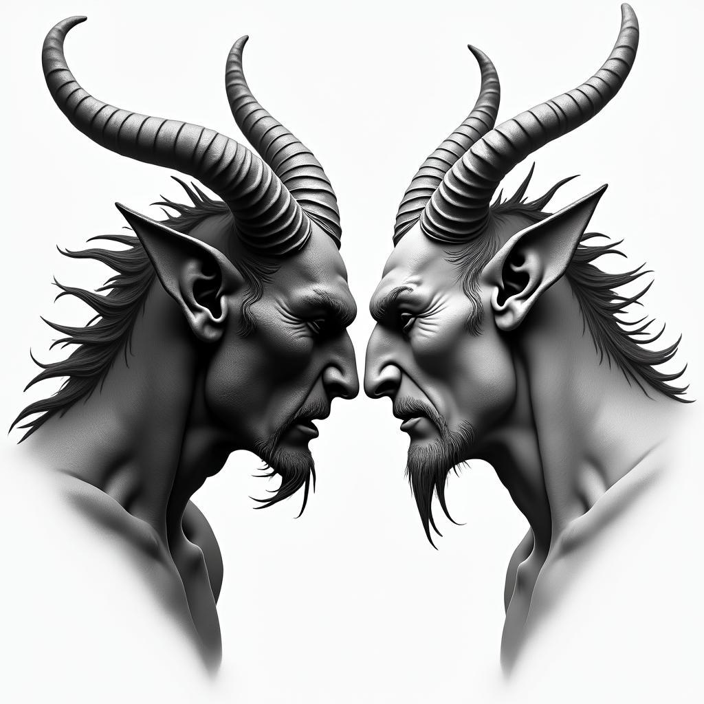 Posidon and the devil facing each other offin realism tattoo style, featuring a highly detailed, lifelike, capturing every detail, photorealistic, ultra realistic, intricate shading, smooth and sharp, - Variation 4