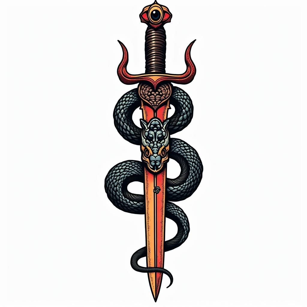 Snake wrapped around a dagger with an evil eye on the daggerin pop art style tattoo, featuring bold and vibrant colors, exaggerated outlines, iconic imagery, inspired by comic books and speech bubbles, comic book characters, retro pop culture - Variation 2