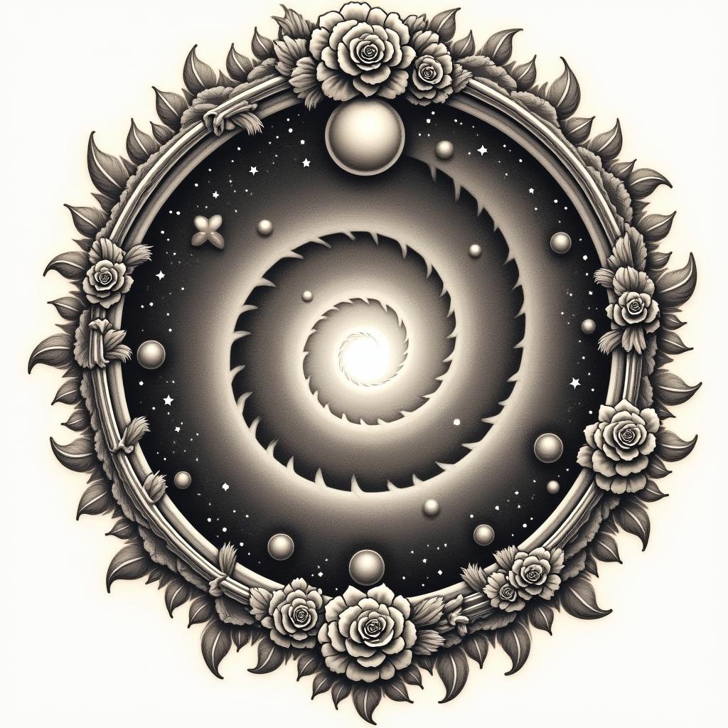 Spiral galaxy with stars and planetsin victorian style tattoo, featuring vintage and elegant elements, ornate frames, roses, antique, sepia-toned color scheme - Variation 13