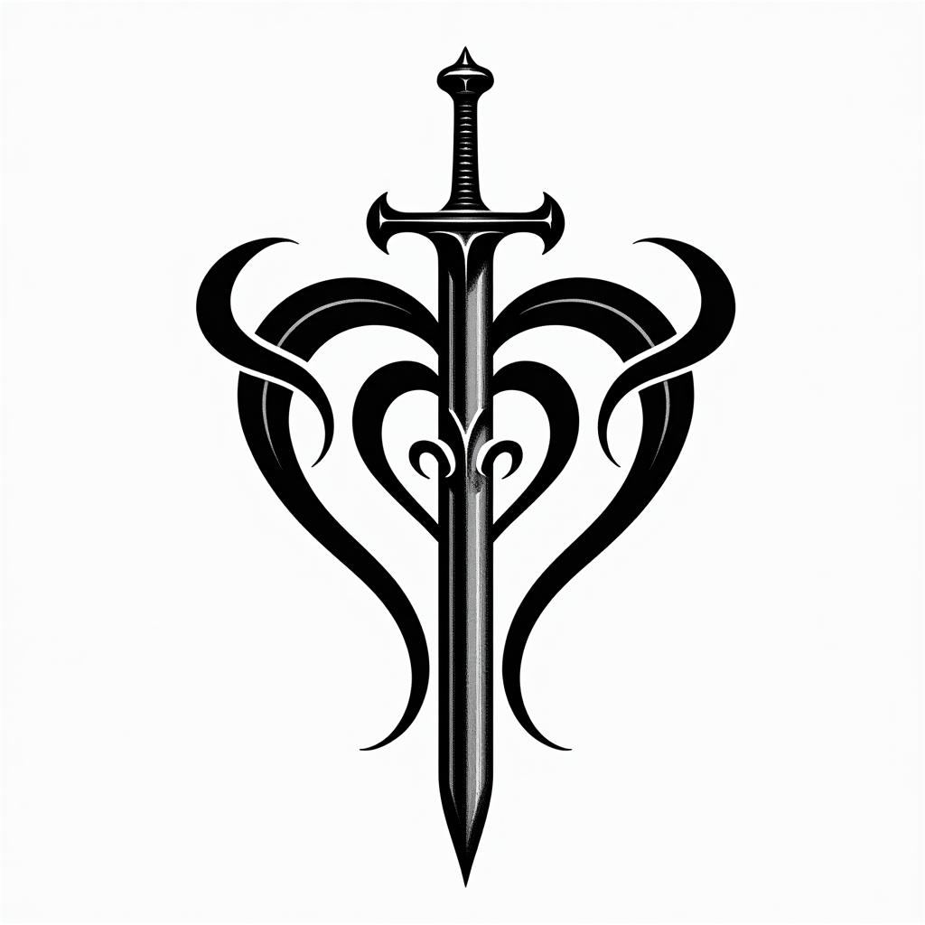 3 sword impaled a heart with a little letter i inside herin tribal tattoo style, featuring bold and black geometric shapes, curved lines, intertwine and flow seamlessly, creating a powerful and symbolic design, polynesian and maori styles - Variation 4