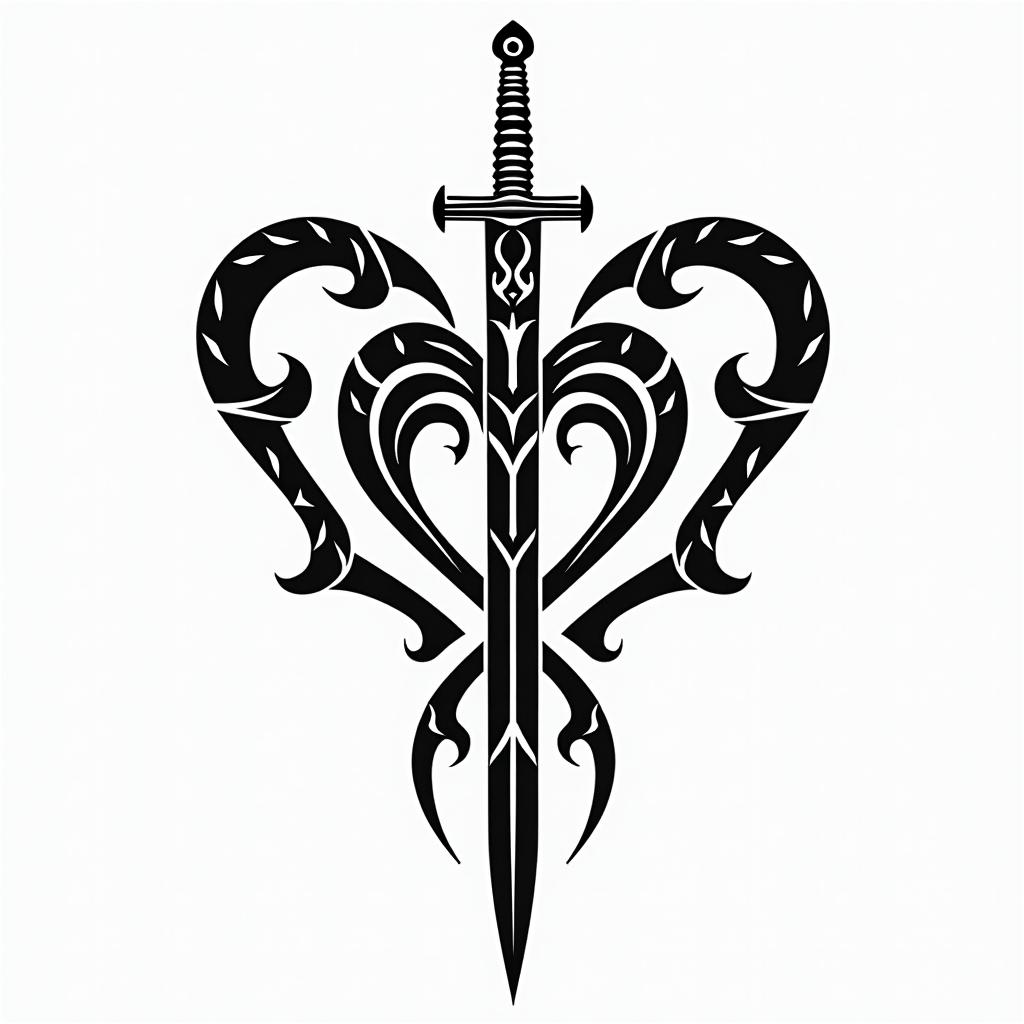 3 sword impaled a heart with a little letter i inside herin tribal tattoo style, featuring bold and black geometric shapes, curved lines, intertwine and flow seamlessly, creating a powerful and symbolic design, polynesian and maori styles - Variation 2
